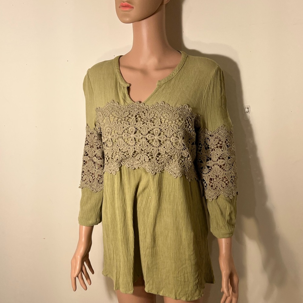 Andree By Unit Lace Thru Bust And Sleeve Olive Green Top L Quarter Sleeve